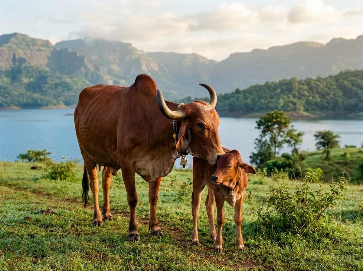 मातृस्नेहात विसावलेले लहान वासरू आणि गीर गोमाता